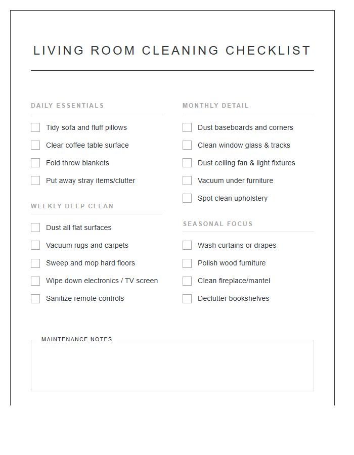 Living Room Cleaning Printable Chart