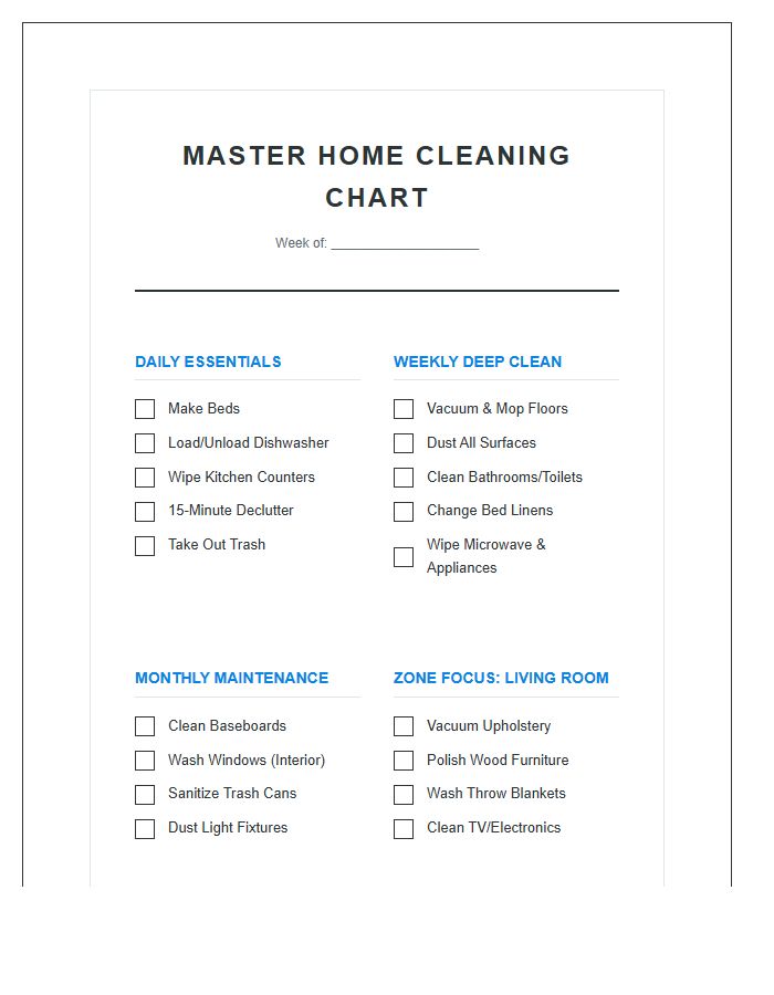 Master Home Cleaning Printable Chart