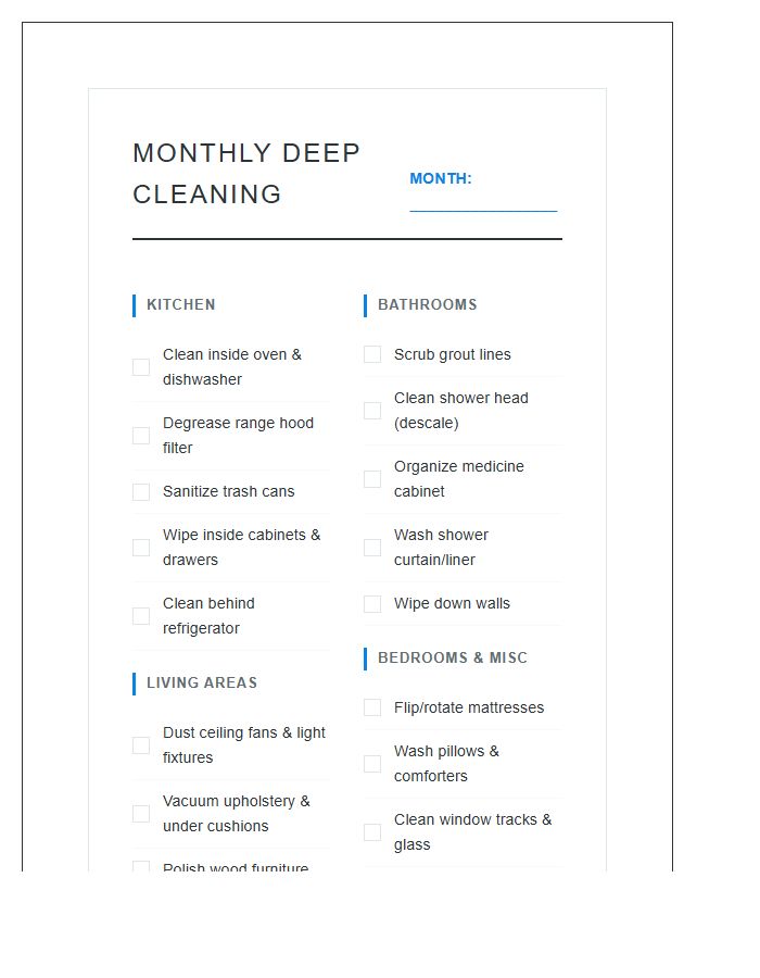 Monthly Deep Cleaning Printable Chart