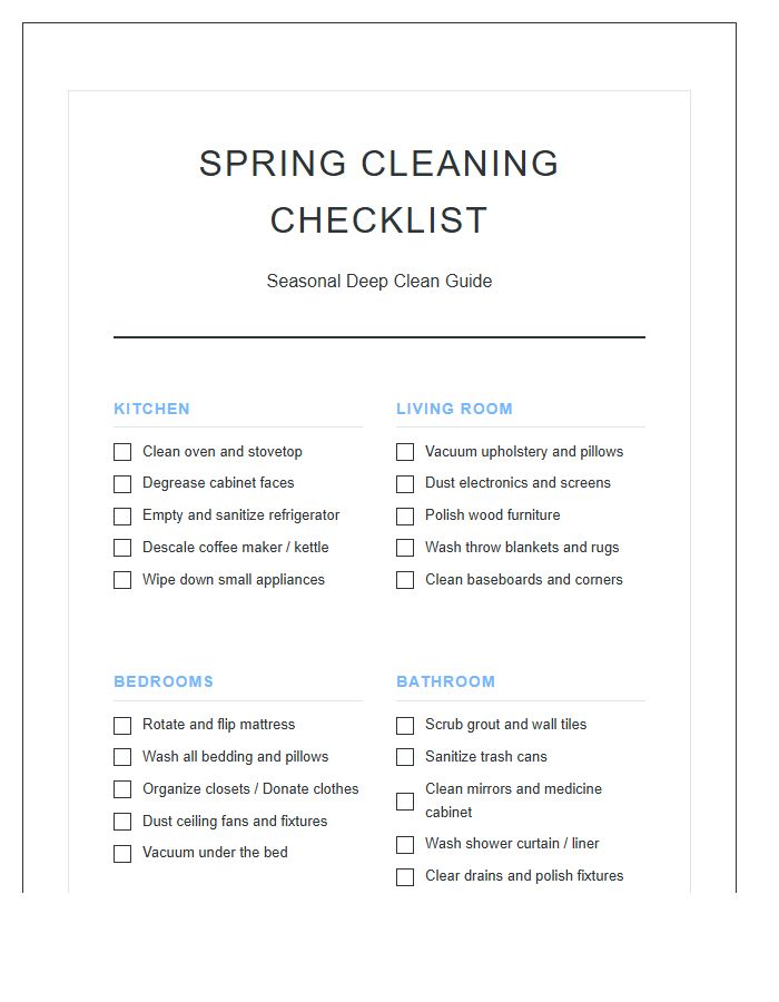 Room By Room Spring Cleaning Printable Chart