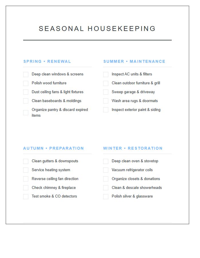 Seasonal Housekeeping Printable Chart