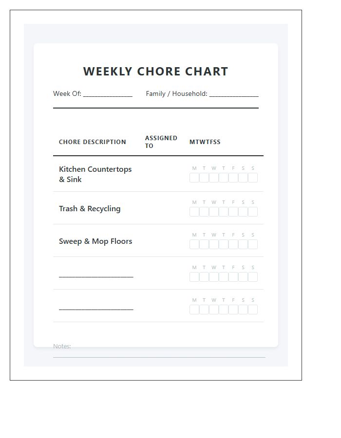 Simple Housework Chore Chart Printable