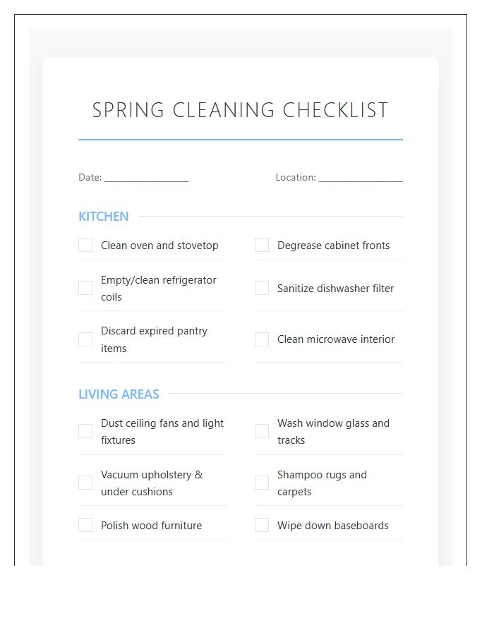 Spring Cleaning Checklist Printable Chart