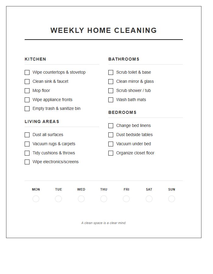Weekly Home Cleaning Printable Chart