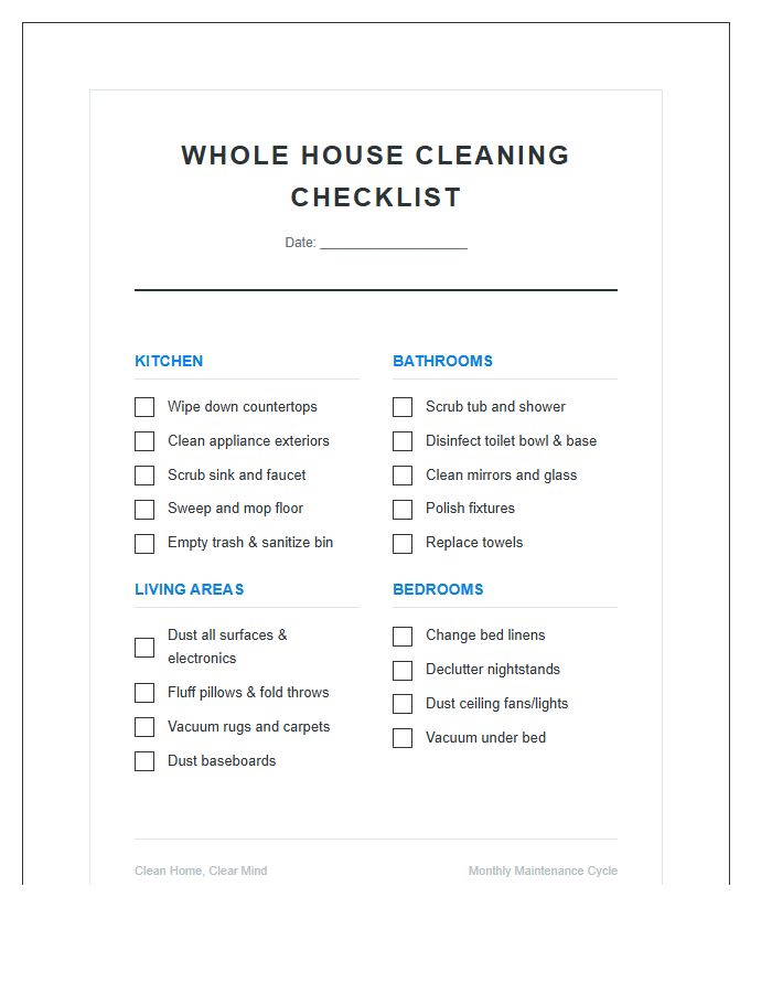 Whole House Cleaning Printable Chart