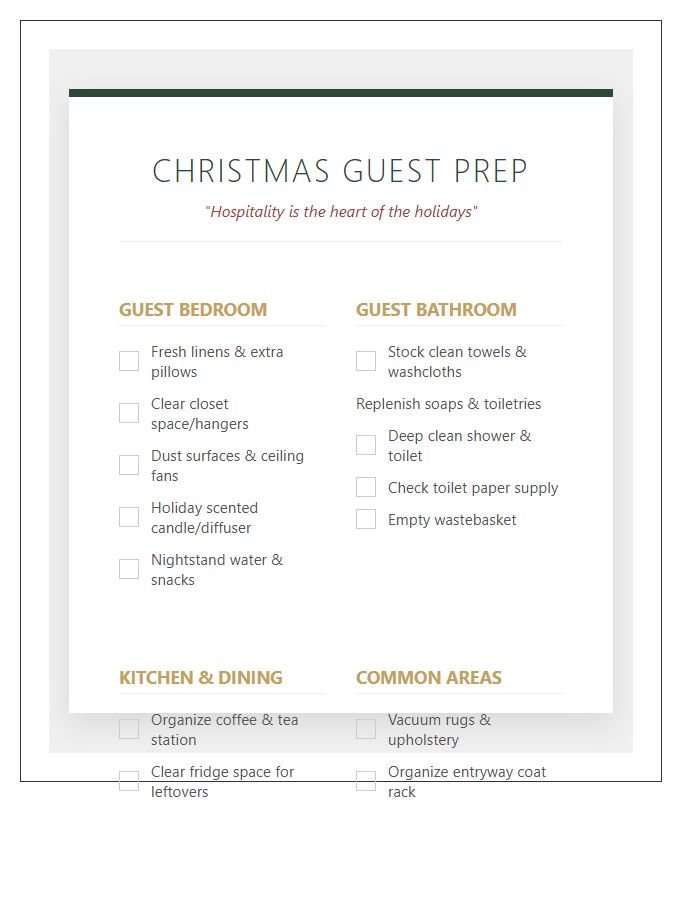 Christmas Guest Hospitality Chore Chart Printable