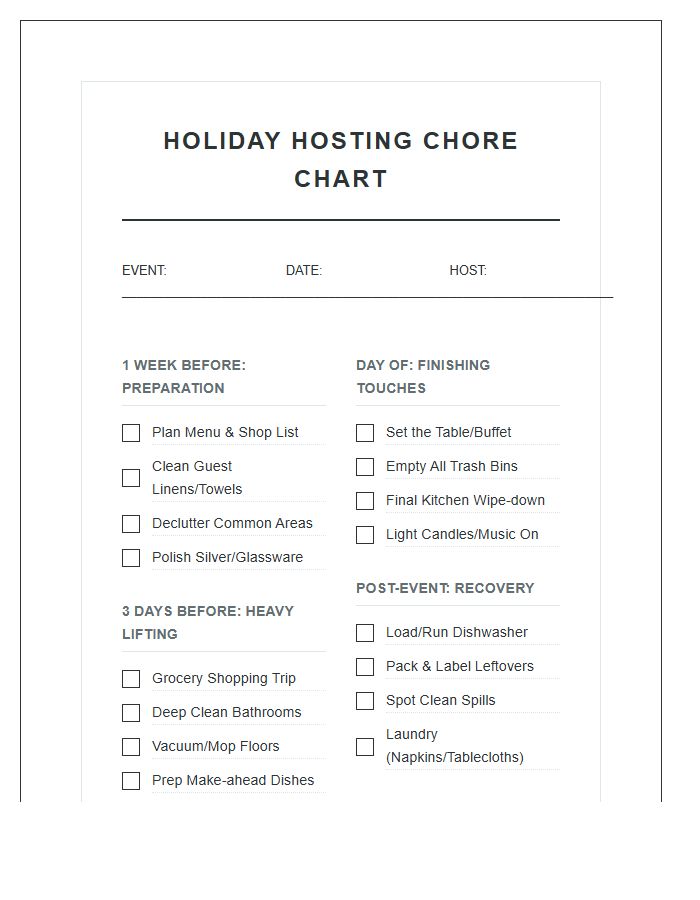Comprehensive Holiday Hosting Chore Chart Printable