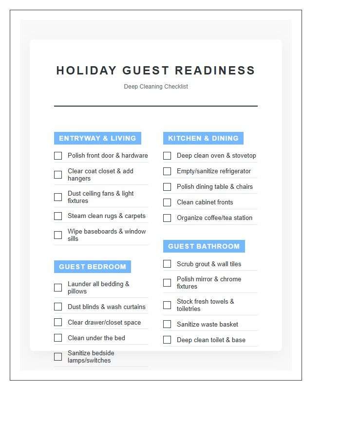 Deep Cleaning For Holiday Guests Chart Printable