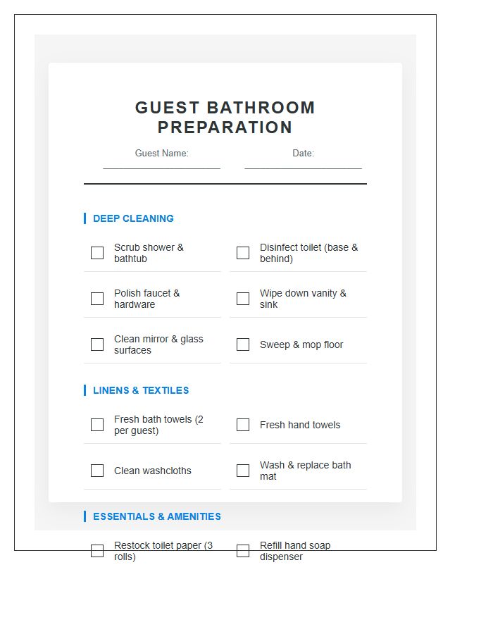 Guest Bathroom Preparation Chore Chart Printable
