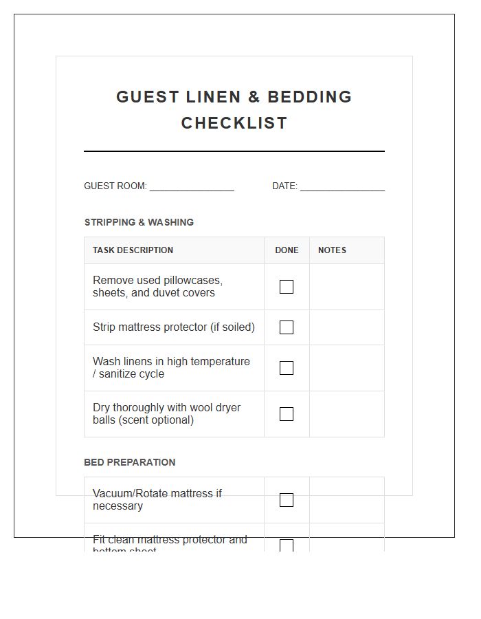 Guest Linen And Bedding Chore Chart Printable