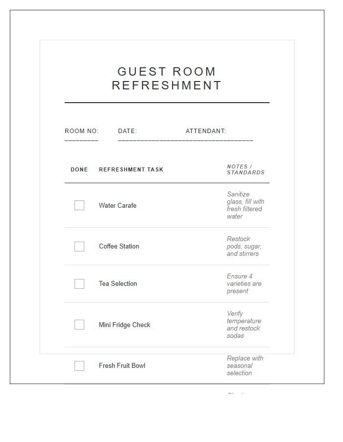 Guest Room Refreshment Chore Chart Printable