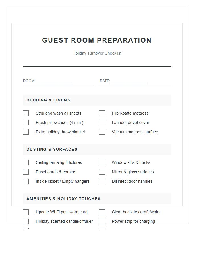 Holiday Guest Room Cleaning Checklist Chart Printable