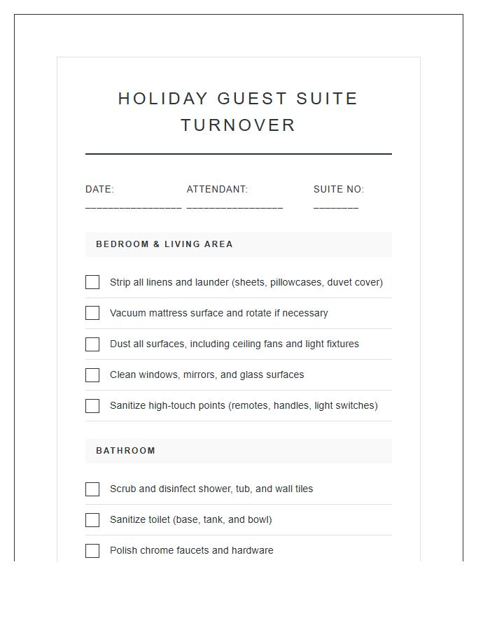 Holiday Guest Suite Cleaning Chart Printable