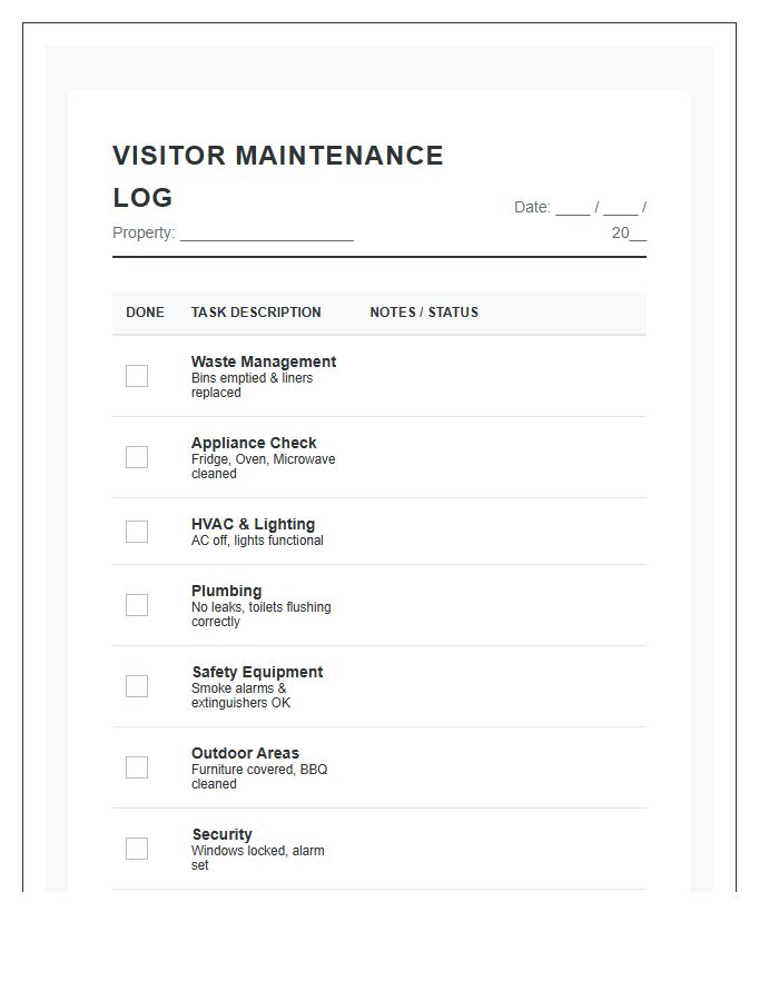 Holiday Home Visitor Maintenance Chart Printable