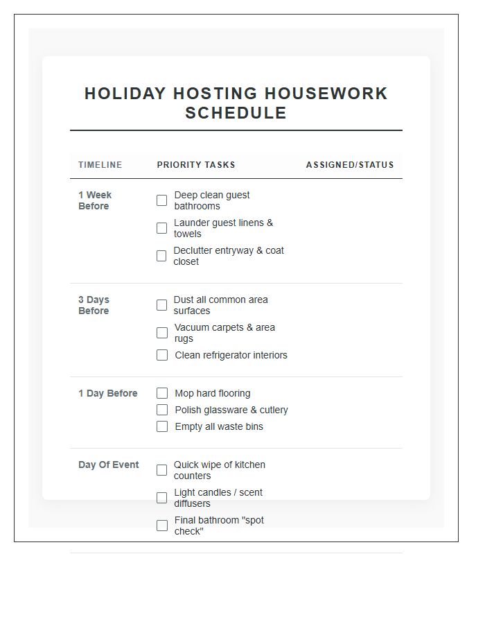 Holiday Hosting Housework Schedule Chart Printable