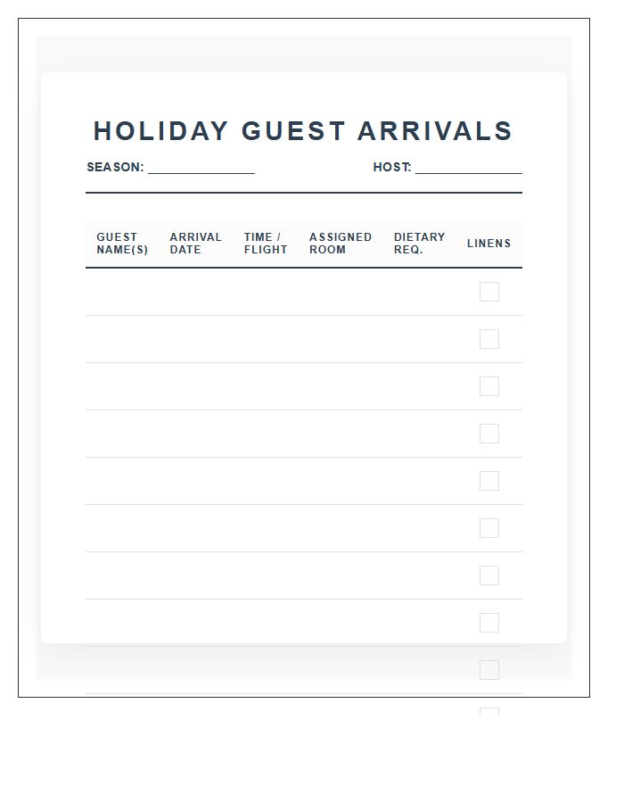 Holiday House Guest Arrival Chart Printable