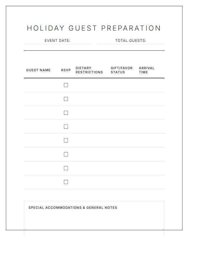 Holiday Party Guest Preparation Chart Printable