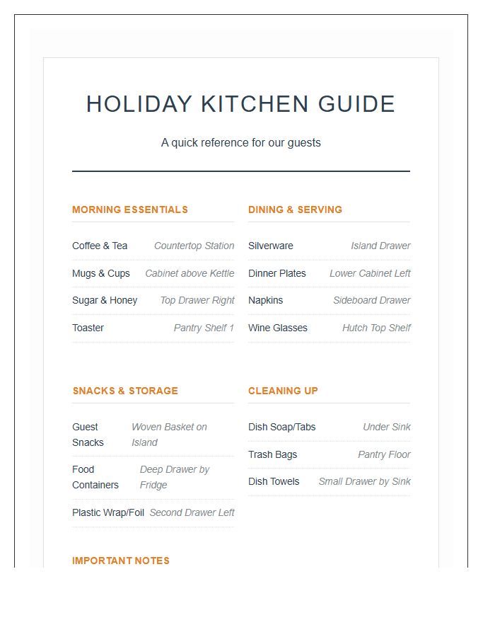 Kitchen Organization For Holiday Guests Chart Printable