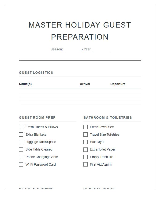 Master Holiday Guest Preparation Chart Printable