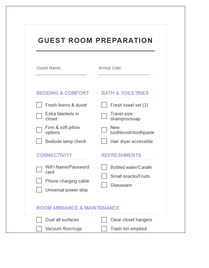 Overnight Visitor Room Prep Chart Printable