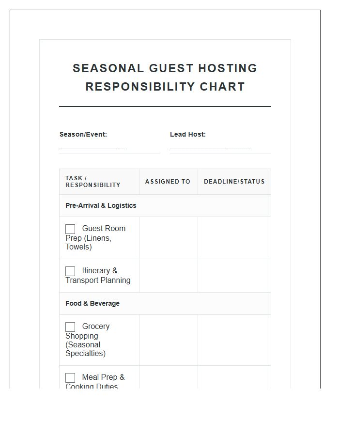 Seasonal Guest Hosting Responsibility Chart Printable