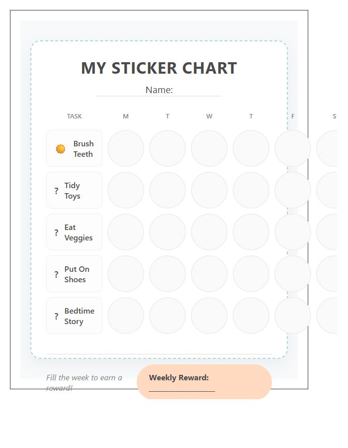 Daily Task Printable Sticker Chart For Toddlers