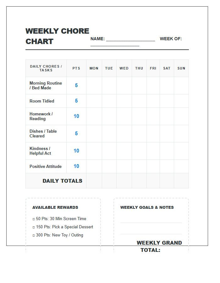 Behavior Management Weekly Chore Chart Printable Points