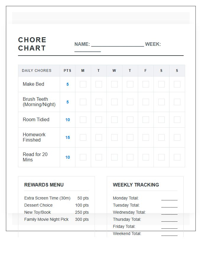 Children Weekly Points System Chore Chart Printable
