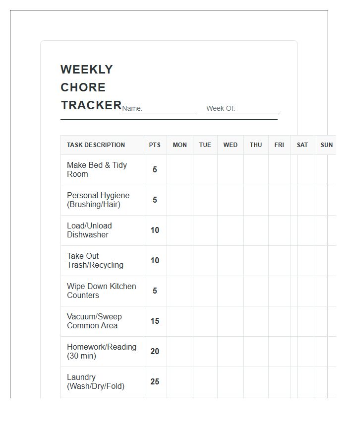 Comprehensive Weekly Chore Chart Points System Printable