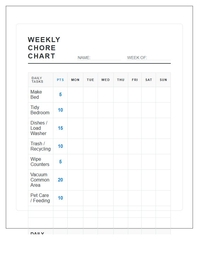 Home Organization Weekly Points Chore Chart Printable