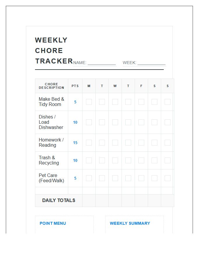 Incentive Based Weekly Chore Chart Printable Points