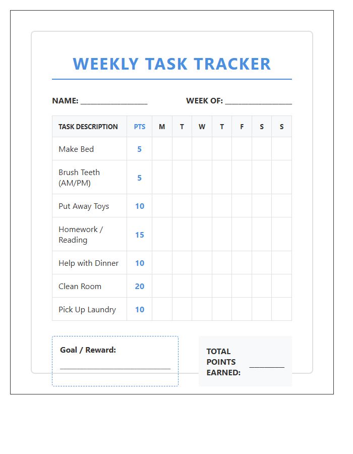 Kids Weekly Tasks Points System Printable Chart