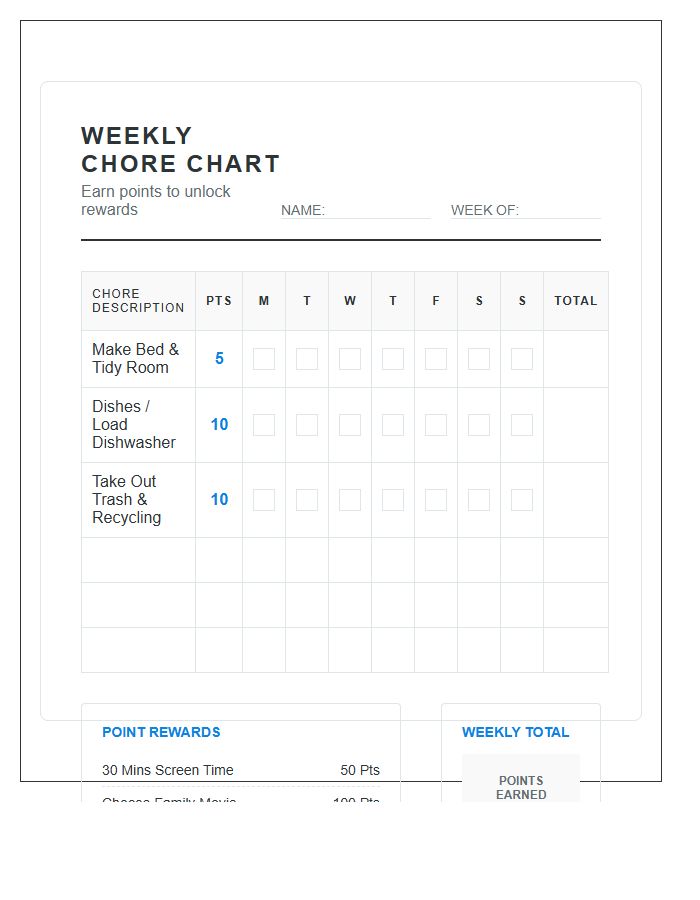 Points Reward System Weekly Chore Chart Printable