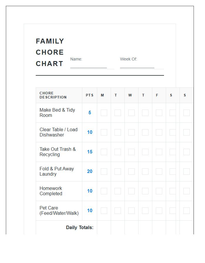 Printable Family Chore Chart With Points System