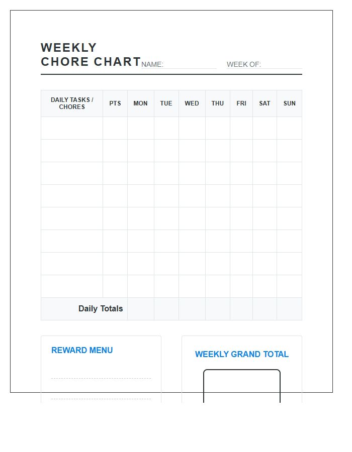 Printable Weekly Reward Point Chore Chart