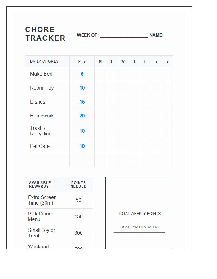 Standard Weekly Points System Chore Chart Printable