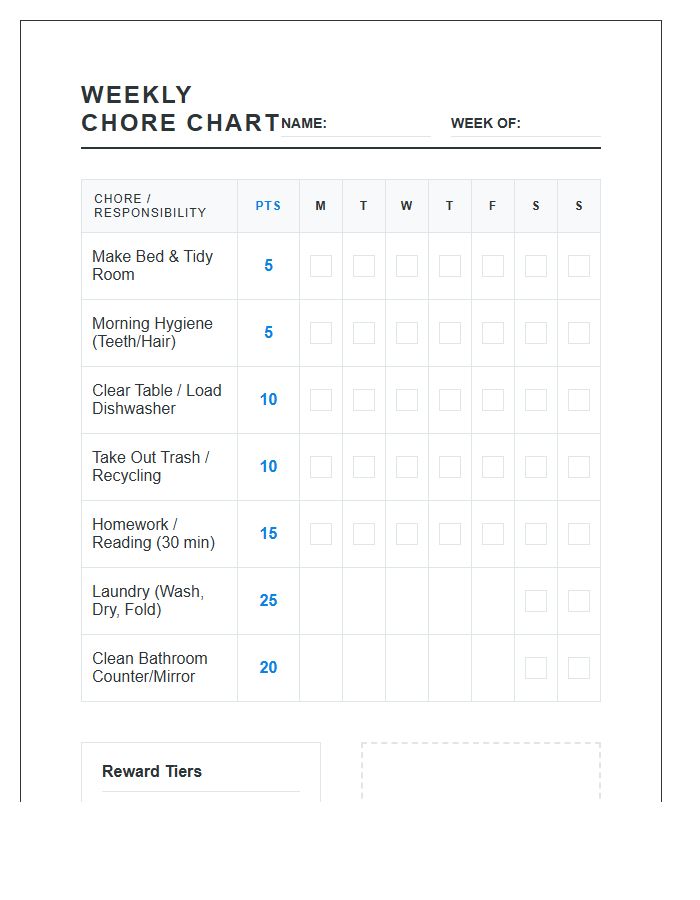 Structured Weekly Points System Chore Chart Printable