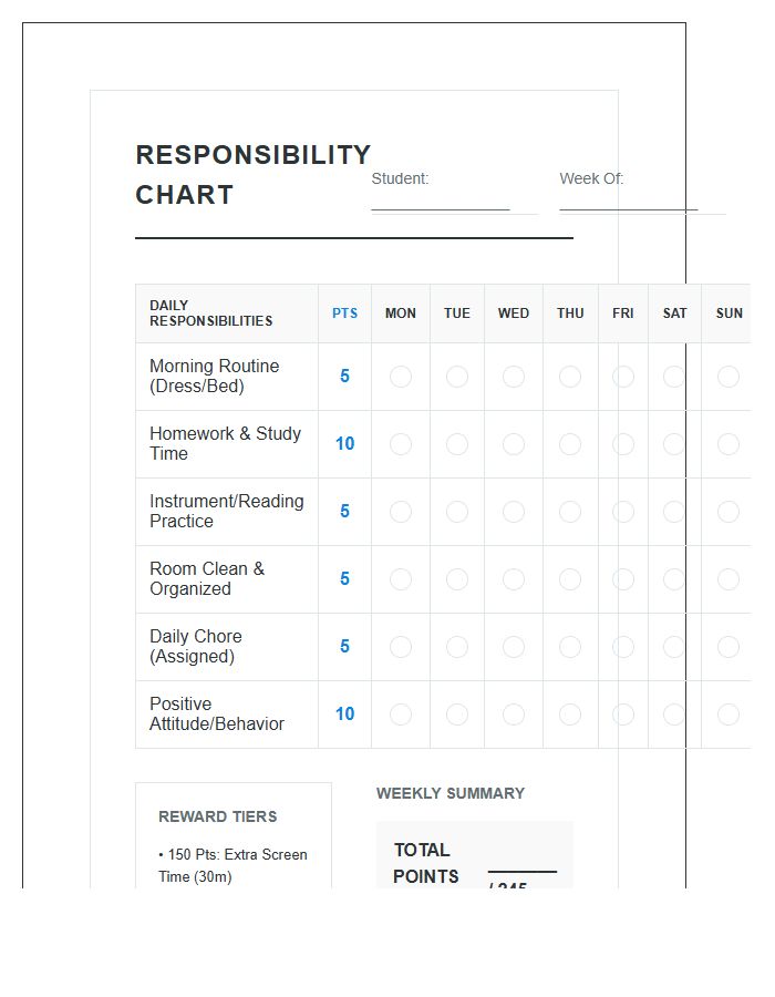 Student Weekly Responsibility Chart Points System Printable