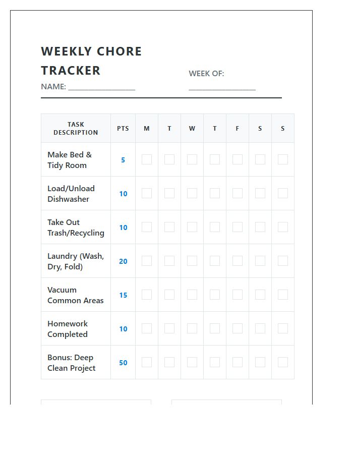 Teenager Weekly Chore Chart Points System Printable