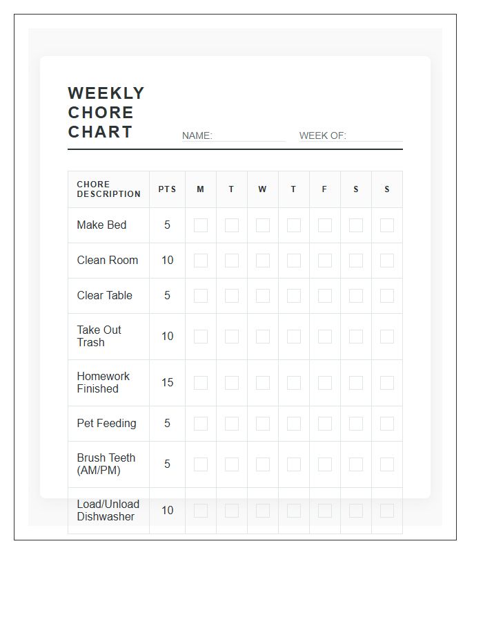 Weekly Allowance Points System Chore Chart Printable