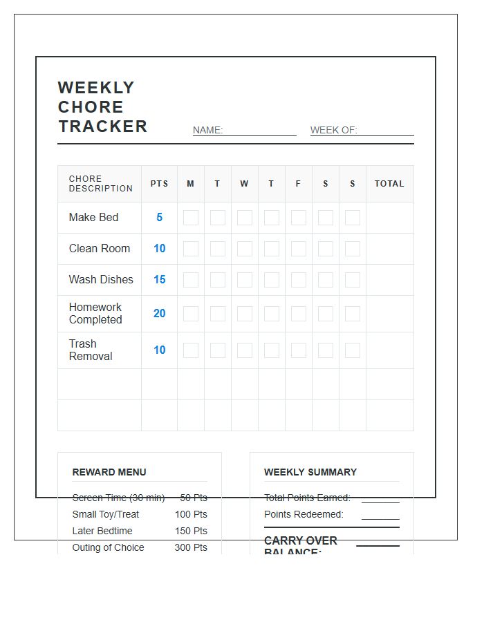 Weekly Chore Reward Points Chart Printable Layout