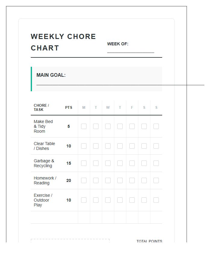 Weekly Goal Setting Chore Chart Printable With Points