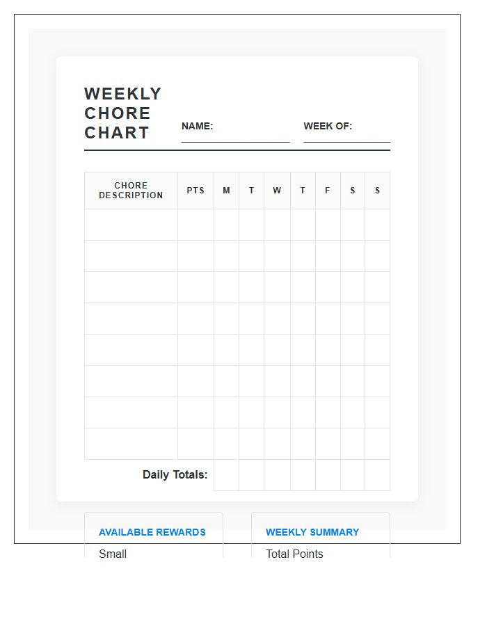 Weekly Points System Chore Chart Printable