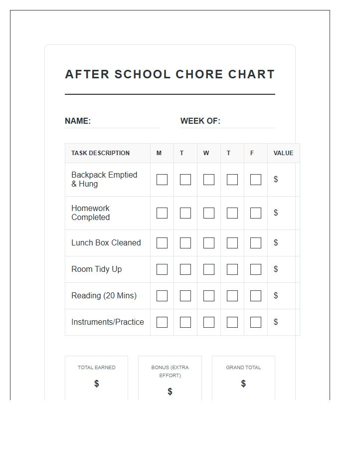After School Allowance Tracking Kids Chore Chart Printable