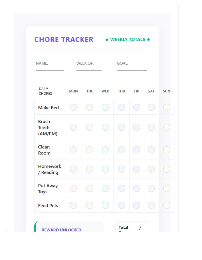 Colorful Reward Allowance Tracking Kids Chore Chart Printable