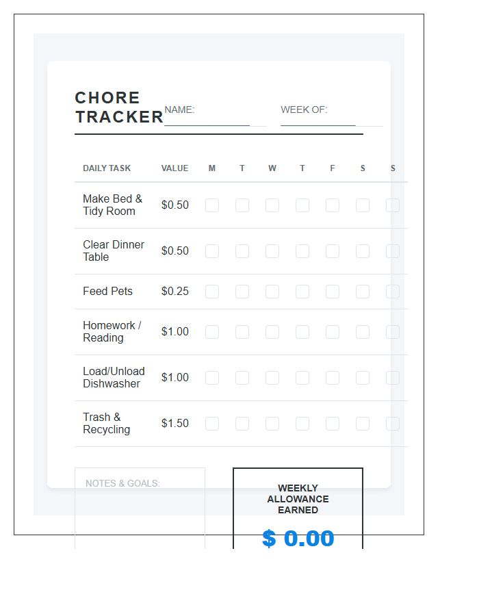 Daily Household Tasks Allowance Tracking Kids Chore Chart Printable