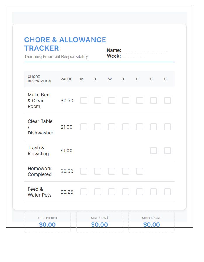 Elementary Student Money Management Allowance Tracking Kids Chore Chart Printable