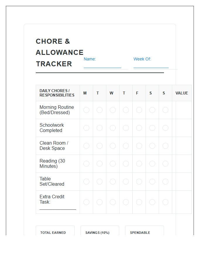 Home Schooling Allowance Tracking Kids Chore Chart Printable