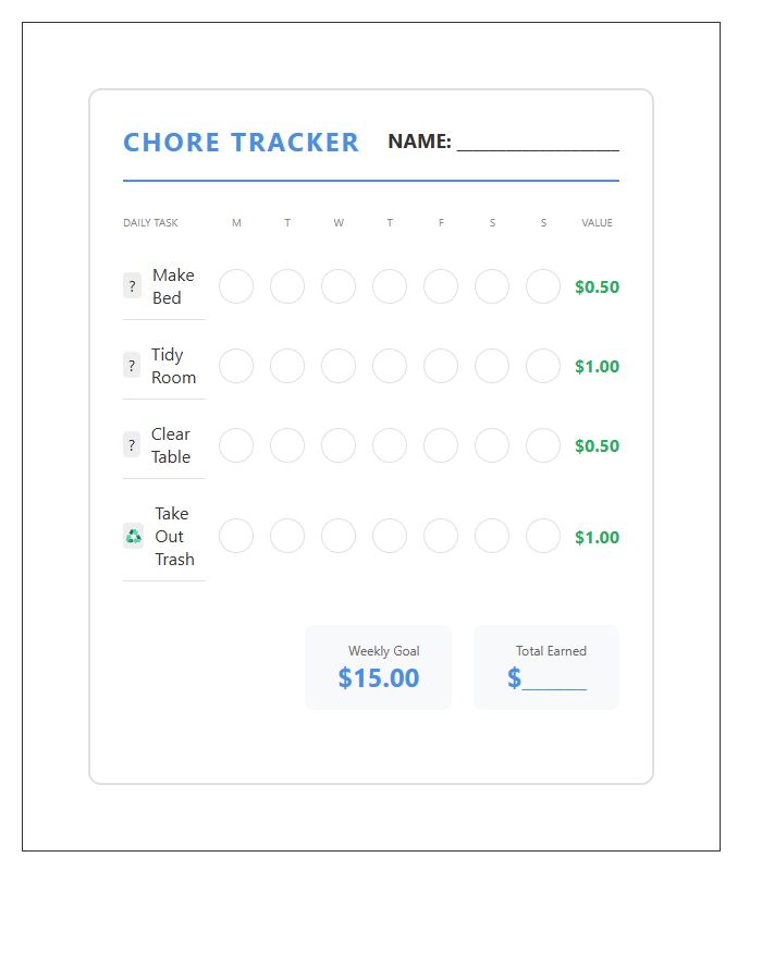 Illustrated Action Allowance Tracking Kids Chore Chart Printable
