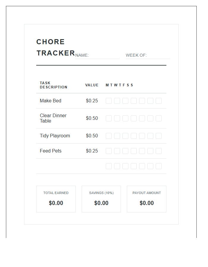 Minimalist Design Allowance Tracking Kids Chore Chart Printable